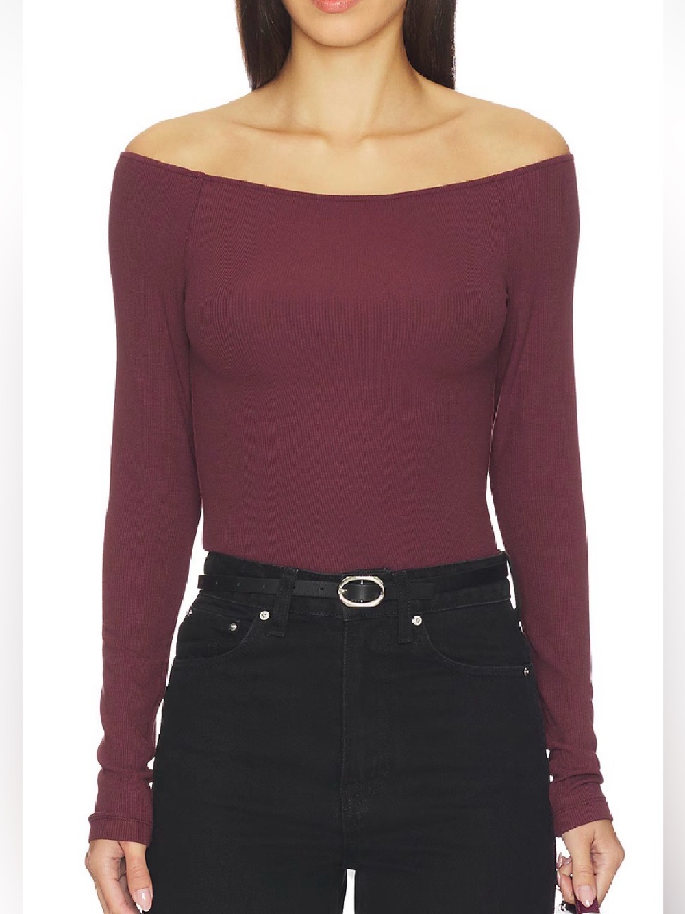 Favorite Daughter Sara Off-Shoulder Ribbed Crop Top in Burgundy Dahlia